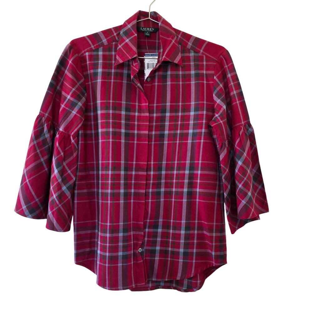 Lauren Ralph Lauren Plaid Bell Sleeve Button Down Shirt Womens Size S Red NEW